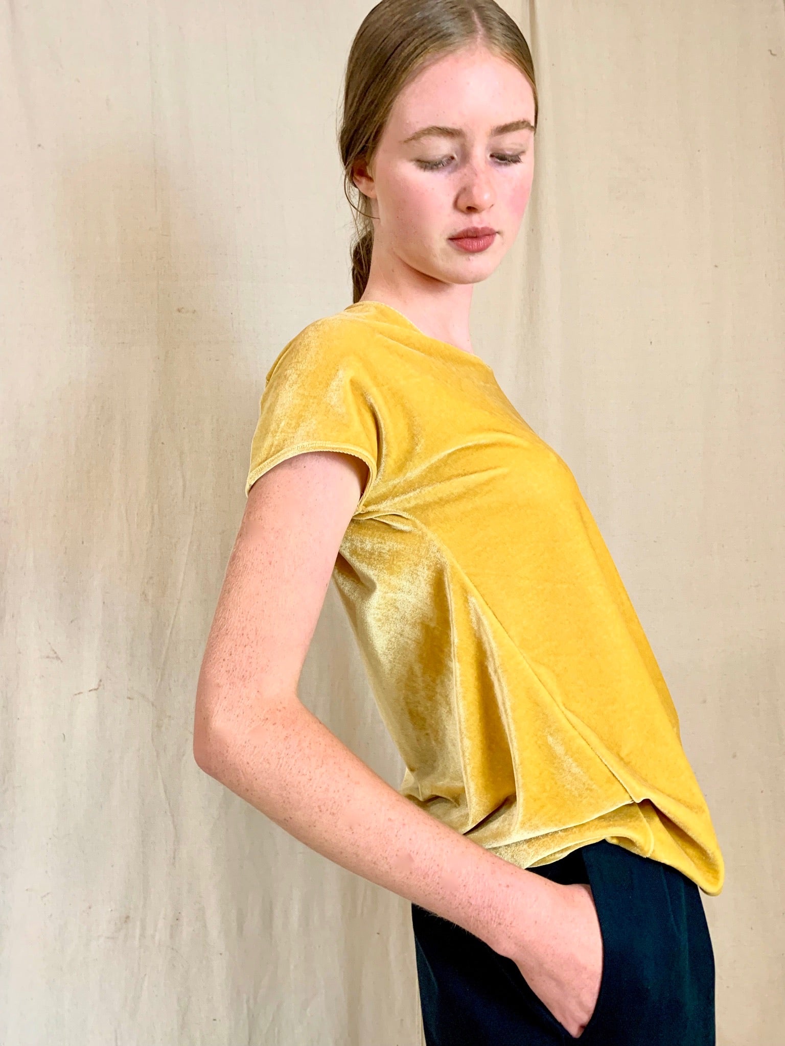 Anderst Dita asymmetric Open Back Top in Yellow velvet